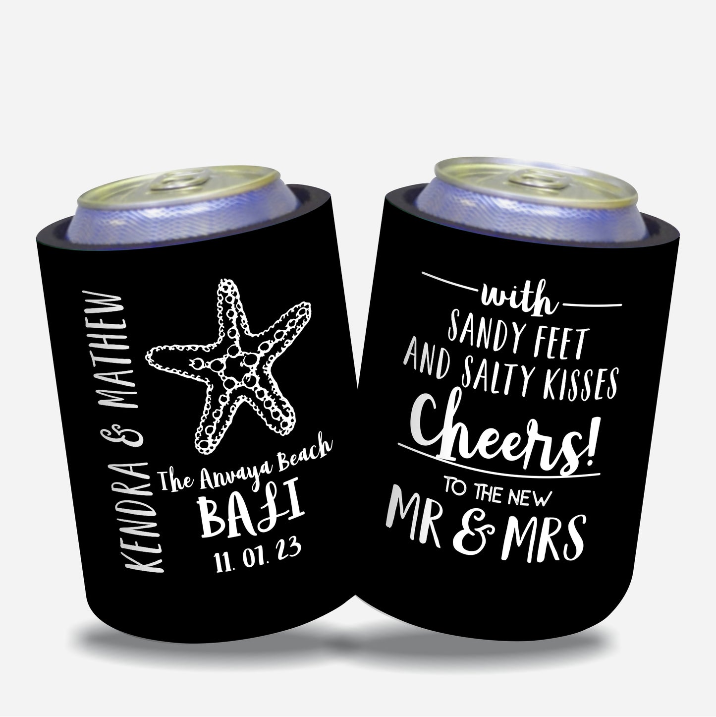 Personalized Wedding Stubby Holders. - With sandy toes and salty kisses cheers to Mr and Mrs. Quantity 20 - #100 - FREE EXPRESS SHIPPING