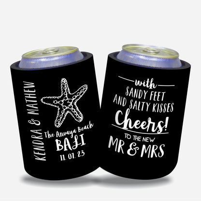 Personalized Wedding Stubby Holders. - With sandy toes and salty kisses cheers to Mr and Mrs. Quantity 20 - #100 - FREE EXPRESS SHIPPING