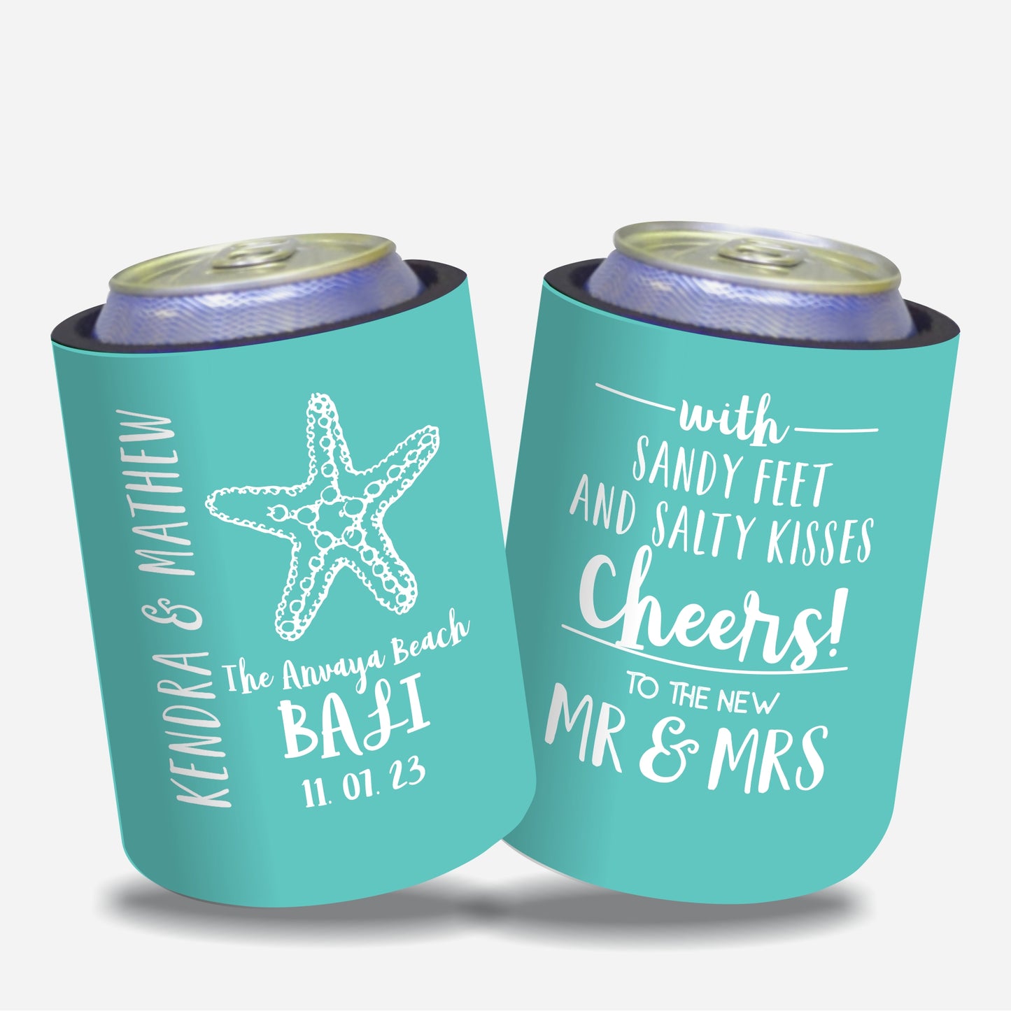 Personalized Wedding Stubby Holders. - With sandy toes and salty kisses cheers to Mr and Mrs. Quantity 20 - #100 - FREE EXPRESS SHIPPING