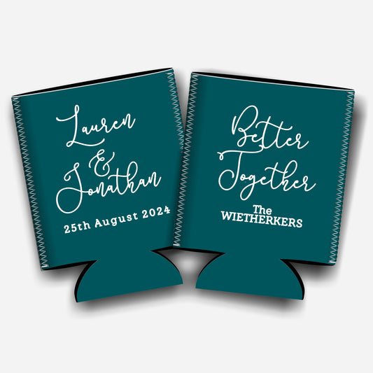 Better together. Personalized Flat-Pack Collapsible Wedding Stubby Holders / Can Cooler.  Wedding Favors. - Quantity of 20 - Design #101 - FREE SHIPPING