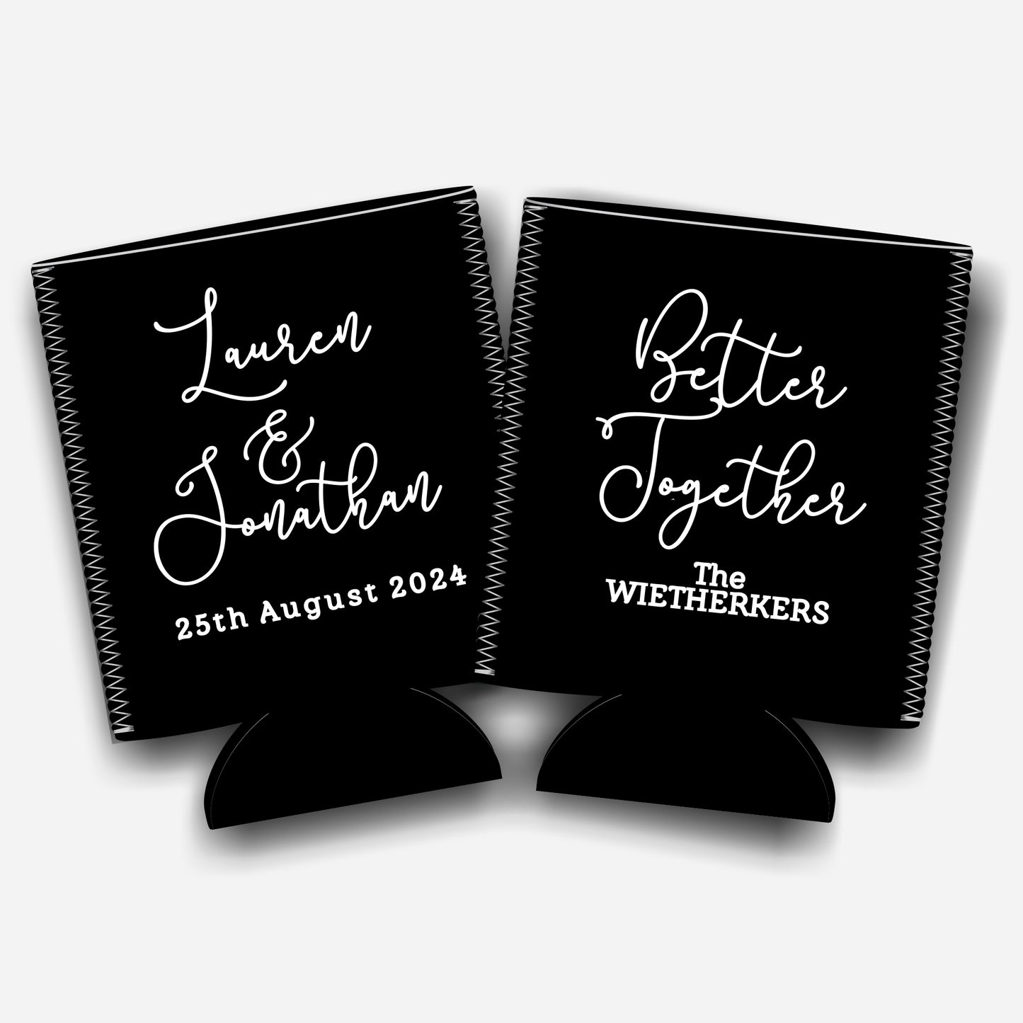 Better together. Personalized Flat-Pack Collapsible Wedding Stubby Holders / Can Cooler.  Wedding Favors. - Quantity of 20 - Design #101 - FREE SHIPPING