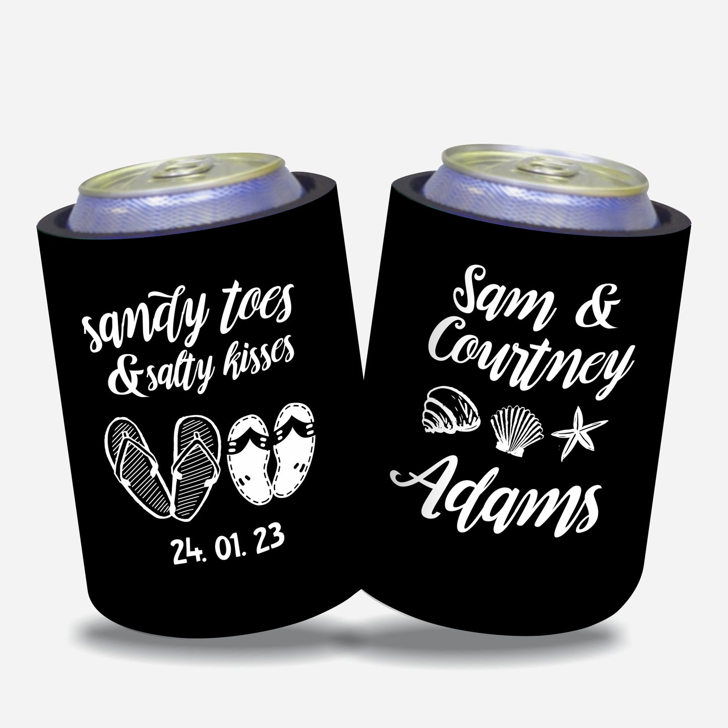 Personalized Wedding Stubby Holders - Sandy toes and salty kisses. Quantity 20 -#104 - FREE EXPRESS SHIPPING.