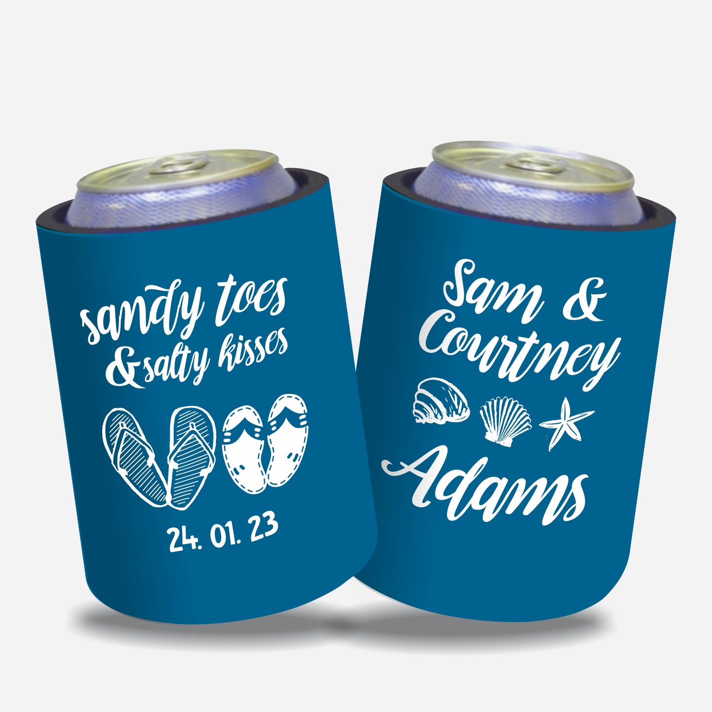 Personalized Wedding Stubby Holders - Sandy toes and salty kisses. Quantity 20 -#104 - FREE EXPRESS SHIPPING.