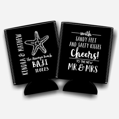 Personalized Flat-Pack Collapsible Wedding Stubby Holder / Can Cooler. Sandy toes and salty kisses / Can Cooler - Quantity of 20 - Design #12 - FREE SHIPPING