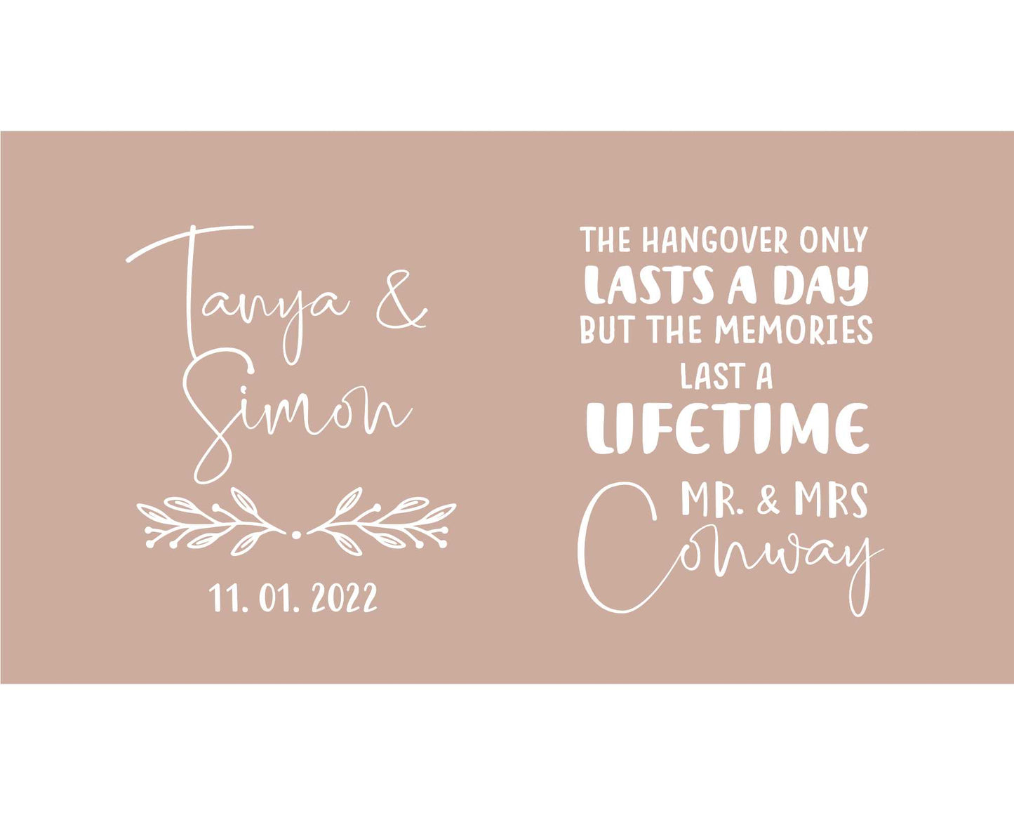 Quantity 10 - Personalised Stubby Holders - Wedding - The hangover only last a day but memories last a lifetime. -#166 - FREE SHIPPING.