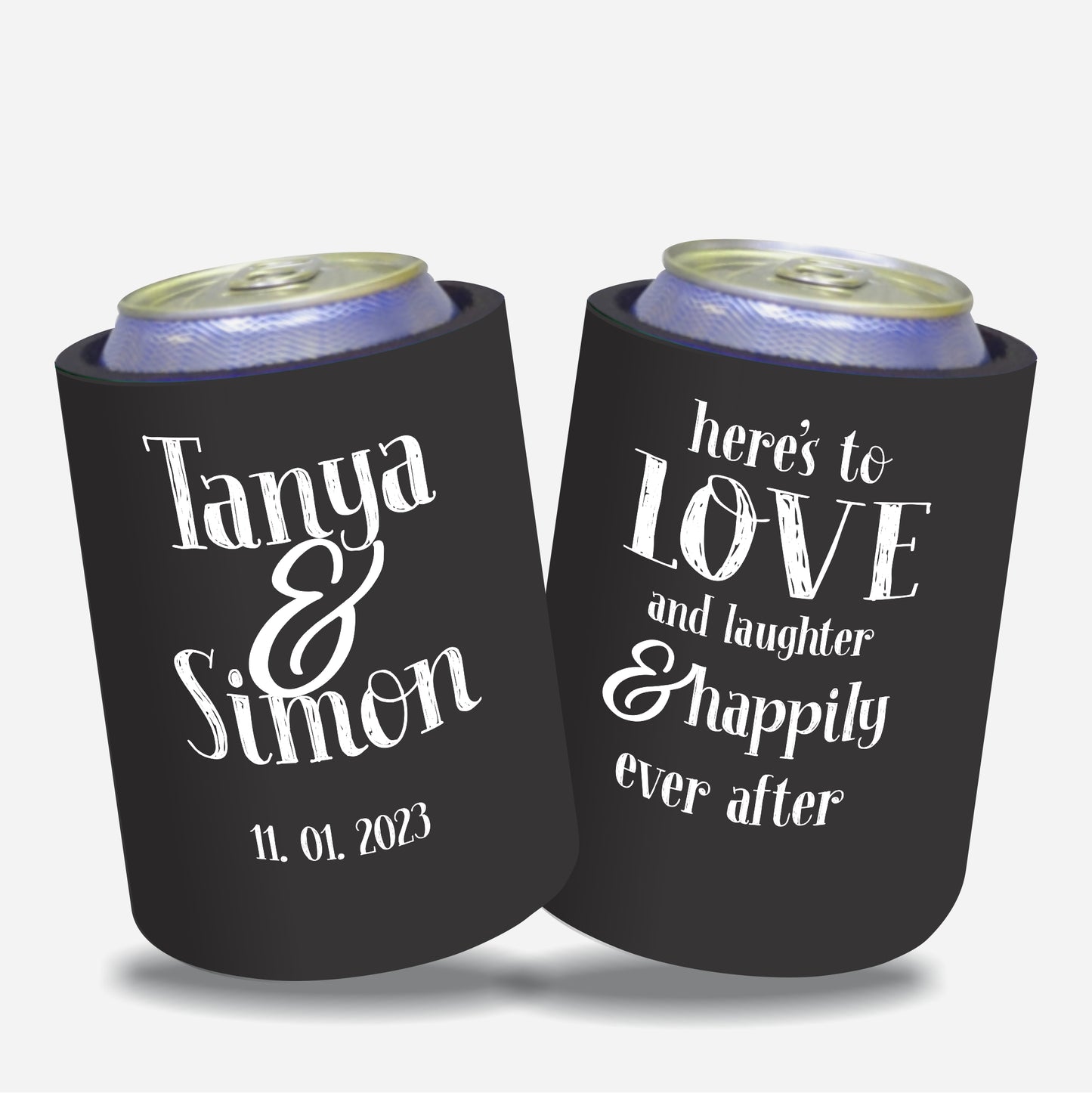 Personalized Wedding Stubby Holders. - Here's to love and laughter and happily ever after. Quantity 20 - #167 - FREE EXPRESS SHIPPING.