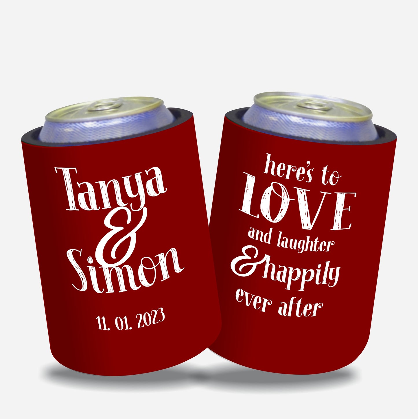 Personalized Wedding Stubby Holders. - Here's to love and laughter and happily ever after. Quantity 20 - #167 - FREE EXPRESS SHIPPING.