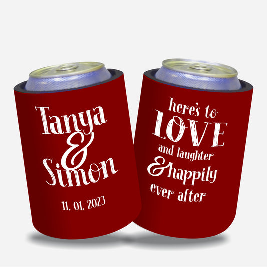 Personalized Wedding Stubby Holders. - Here's to love and laughter and happily ever after. Quantity 20 - #167 - FREE EXPRESS SHIPPING.