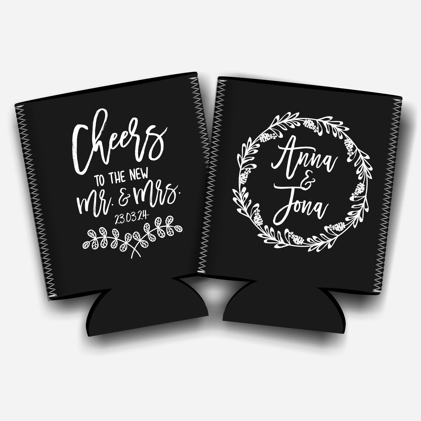 Cheers to new Mr and Mrs. Personalized Flat-Pack Collapsible Wedding Stubby Holders / Can Cooler. Wedding Favors. - Quantity of 20 - Design #16 - FREE SHIPPING