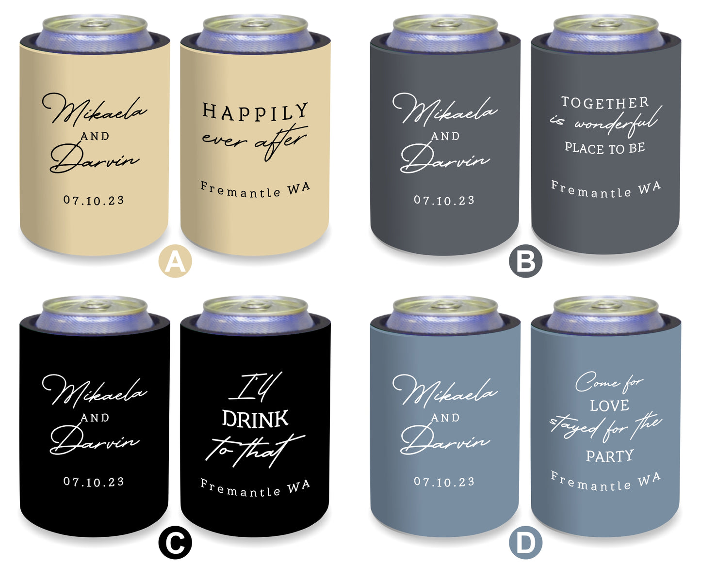 Personalized Wedding Gift Stubby Holder. Happily ever after. - Quantity 20 - #238 - FREE EXPRESS SHIPPING.