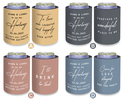 Personalised Wedding Stubby Holder  - Quantity 20 - DESIGN 258 - FREE EXPRESS SHIPPING.