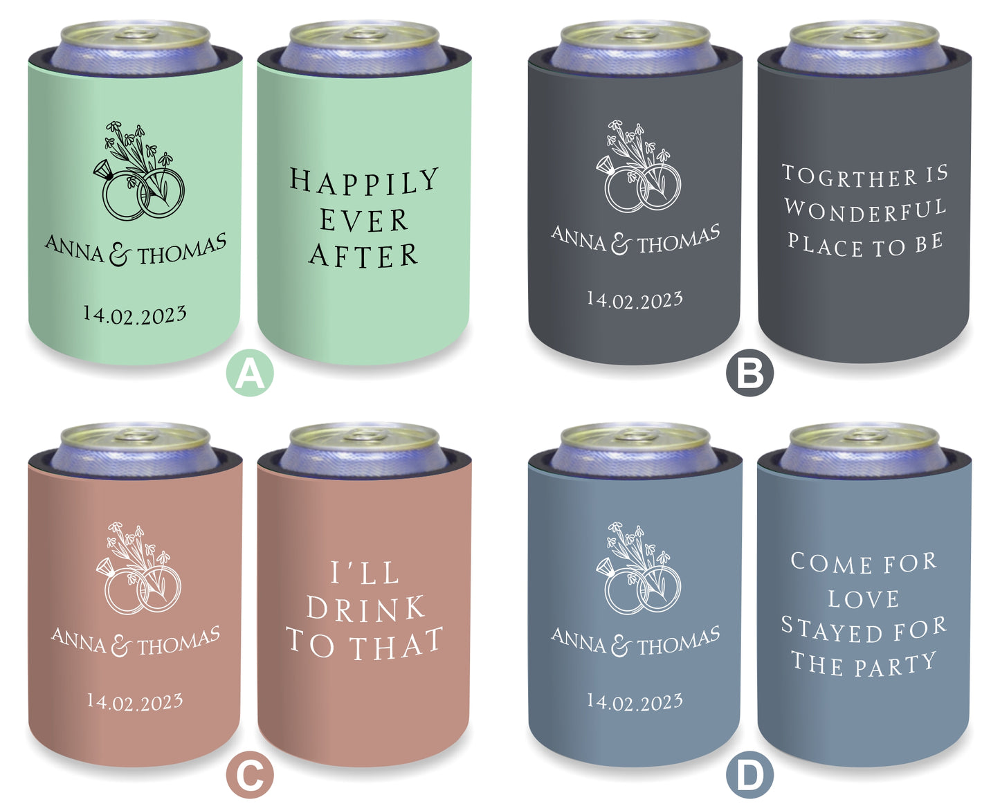 Personalised Wedding Stubby Holders - Quantity 20 - #261 - FREE EXPRESS SHIPPING.