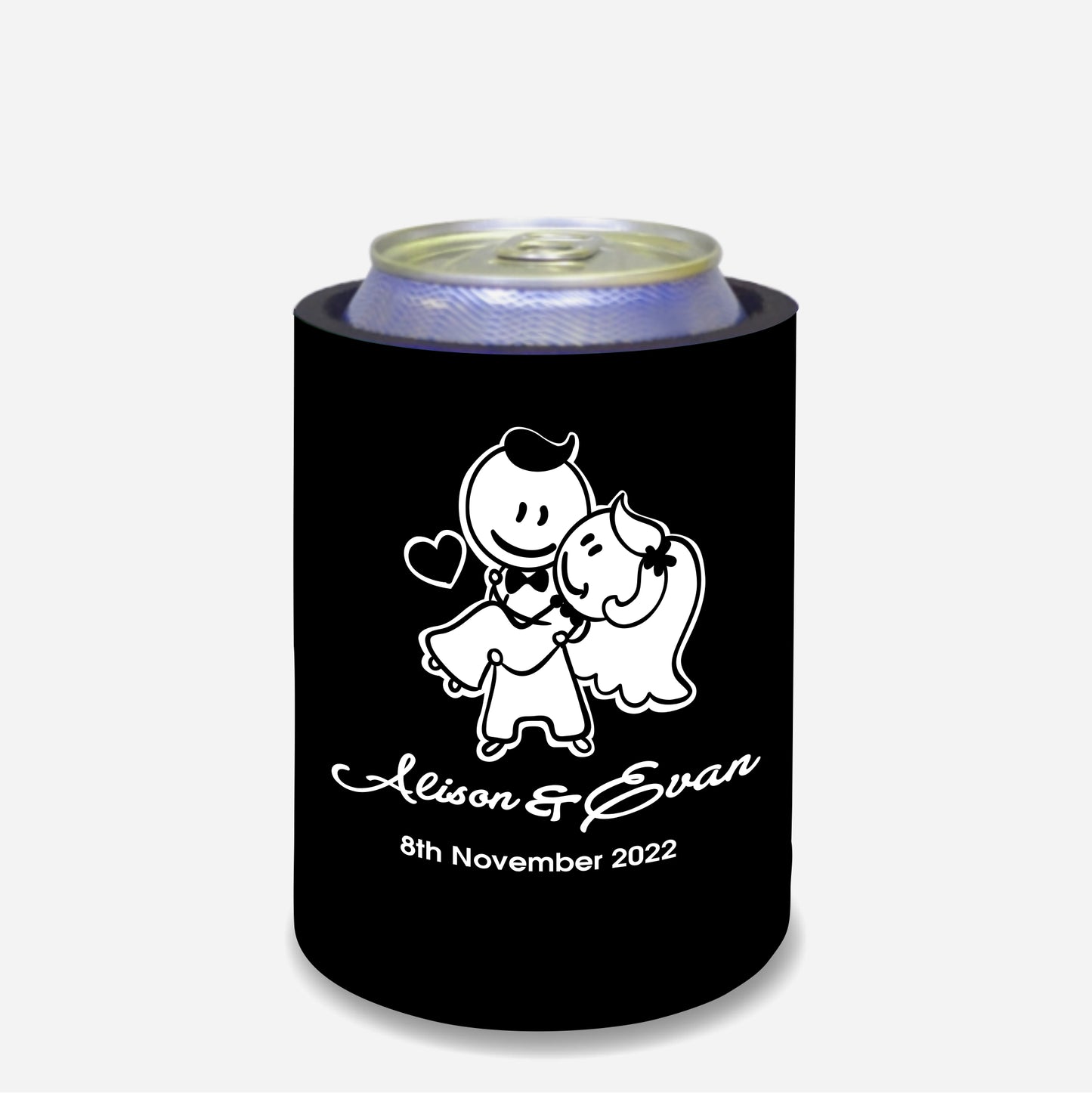 Personalized Wedding Stubby Holders. - Bride and Groom cartoons. Quantity 20 - #215 - FREE EXPRESS SHIPPING