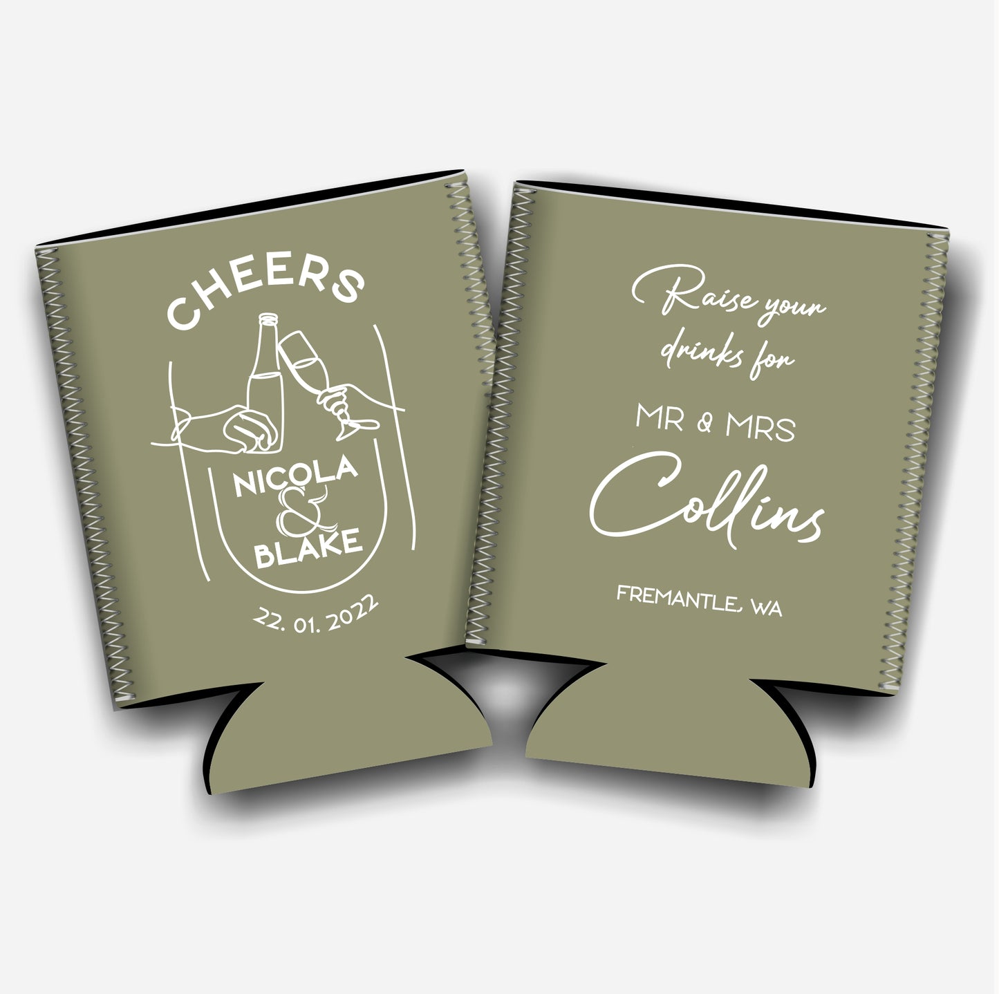 Cheers for Mr. and Mrs. Personalized Flat-Pack Collapsible Wedding Stubby Holders / Can Cooler. Wedding Favors. - Quantity of 20 - Design #200 - FREE SHIPPING