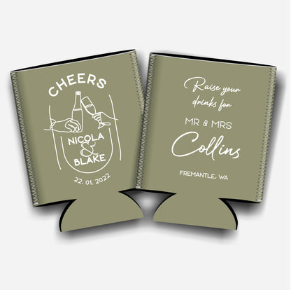 Cheers for Mr. and Mrs. Personalized Flat-Pack Collapsible Wedding Stubby Holders / Can Cooler. Wedding Favors. - Quantity of 20 - Design #200 - FREE SHIPPING