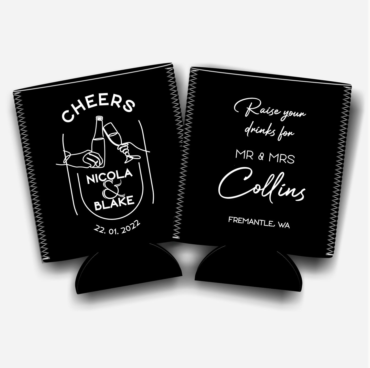 Cheers for Mr. and Mrs. Personalized Flat-Pack Collapsible Wedding Stubby Holders / Can Cooler. Wedding Favors. - Quantity of 20 - Design #200 - FREE SHIPPING