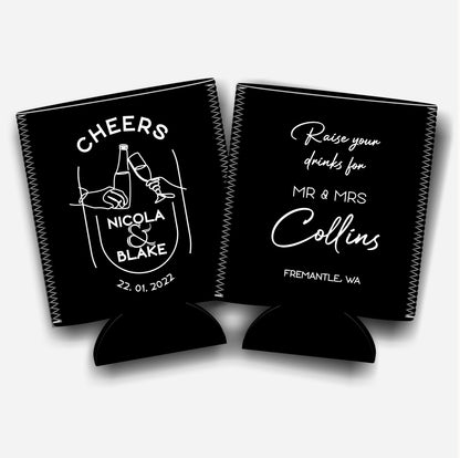 Cheers for Mr. and Mrs. Personalized Flat-Pack Collapsible Wedding Stubby Holders / Can Cooler. Wedding Favors. - Quantity of 20 - Design #200 - FREE SHIPPING