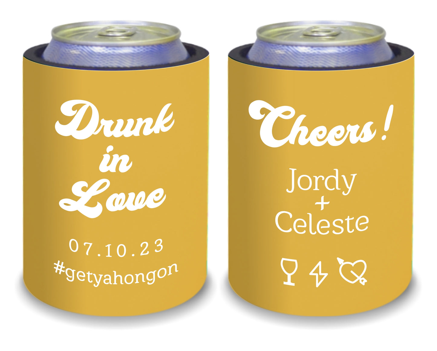 Personalized Wedding Stubby Holders. Drunk in Love. Cheers! Retro design.