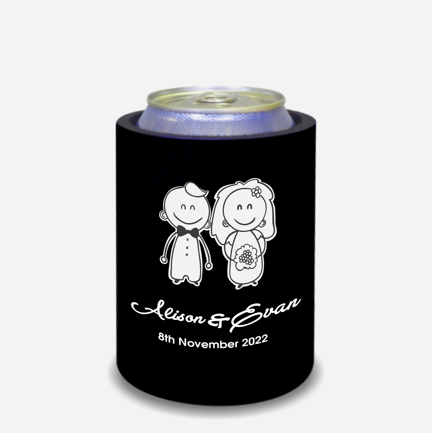 Personalized Wedding Stubby Holders. - Bride and Groom cartoons. Quantity 20 - #214 - FREE EXPRESS SHIPPING