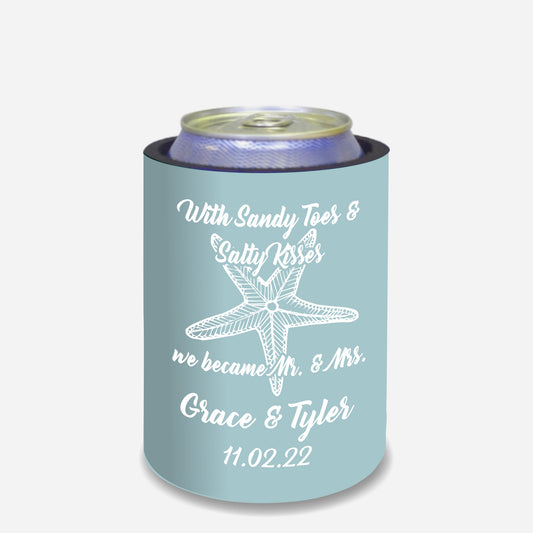 Personalized Wedding Stubby Holders. - "With sandy toes salty kisses we becom Mr and Ms." Quantity 20 -#220 - FREE EXPRESS SHIPPING