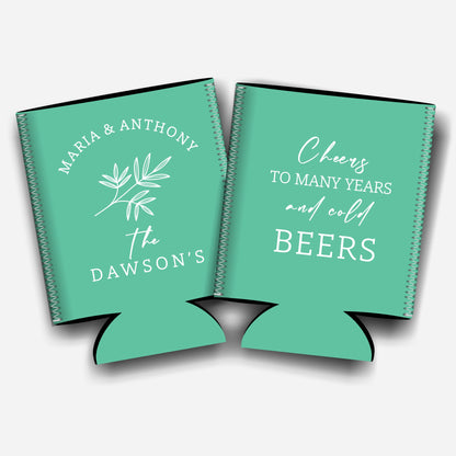 Cheers to many years. Personalized Flat-Pack Collapsible Wedding Stubby Holders / Can Cooler. Wedding Favors. - Quantity of 20 - Design #237 - FREE SHIPPING