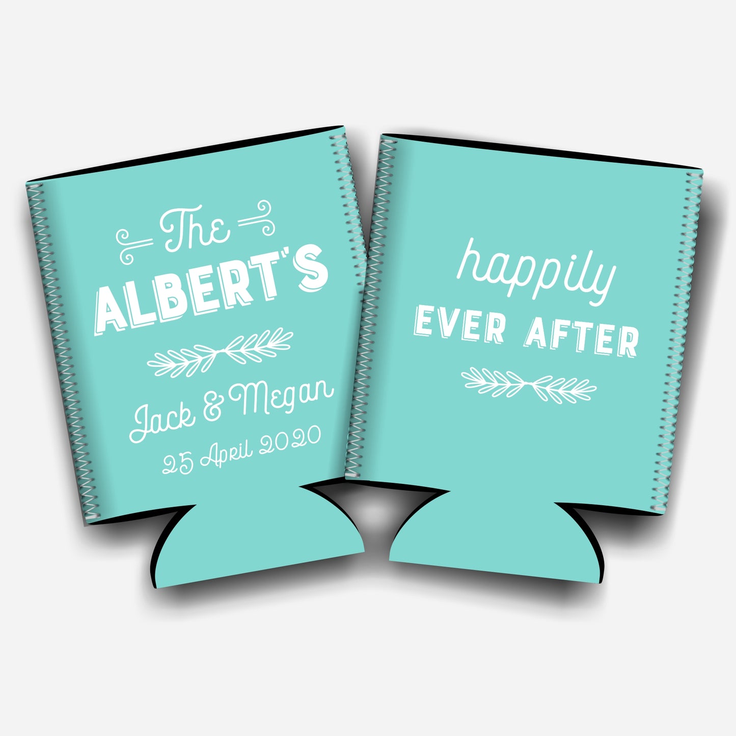 Happily ever after. Personalized Flat-Pack Collapsible Wedding Stubby Holders / Can Cooler. Wedding Favors - Quantity of 20 - Design #240 - FREE SHIPPING