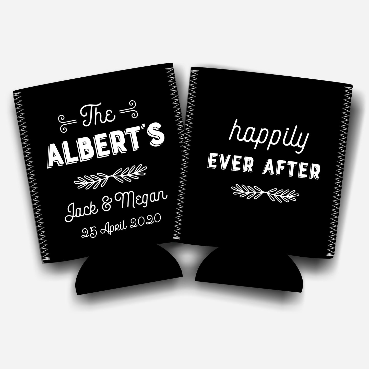 Happily ever after. Personalized Flat-Pack Collapsible Wedding Stubby Holders / Can Cooler. Wedding Favors - Quantity of 20 - Design #240 - FREE SHIPPING