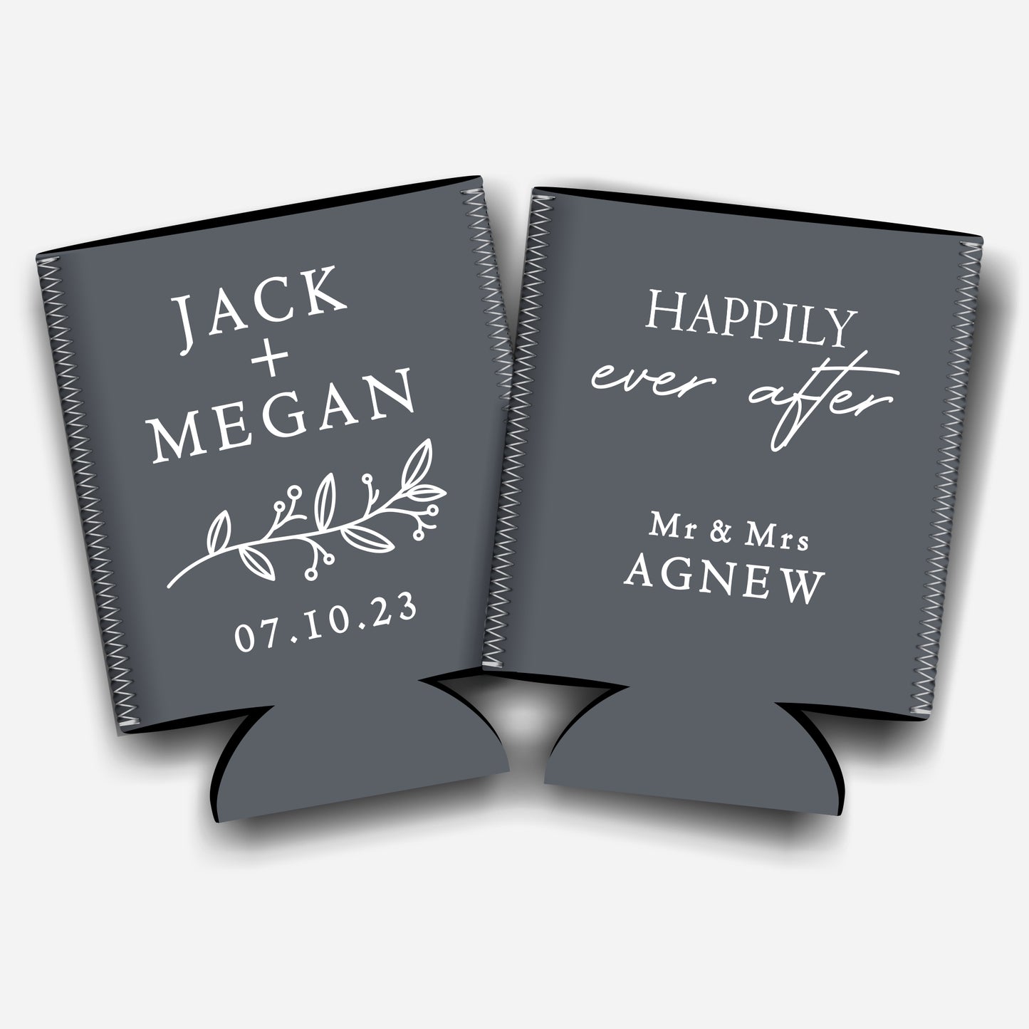 Happily ever after. Personalized Flat-Pack Collapsible Wedding Stubby Holders / Can Cooler. Wedding Favors. - Quantity of 20 - Design #242 - FREE SHIPPING