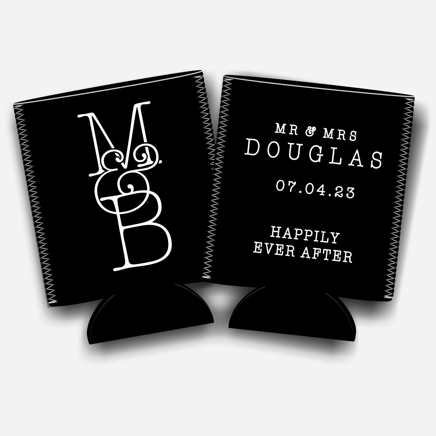 Happily ever after. Personalized Flat-Pack Collapsible Wedding Stubby Holders / Can Cooler. Wedding Favors. - Quantity of 20 - Design #244