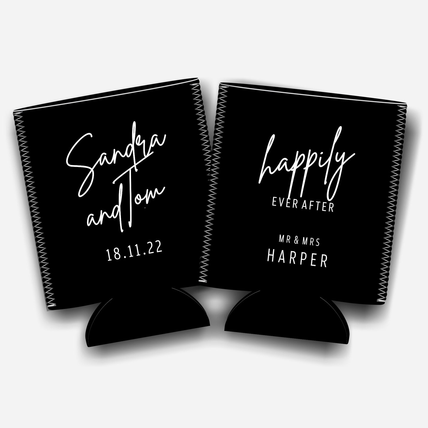 Happily ever after. Personalized Flat-Pack Collapsible Wedding Stubby Holders / Can Cooler. Wedding Favours. - Quantity of 20 - Design #246 - FREE SHIPPING