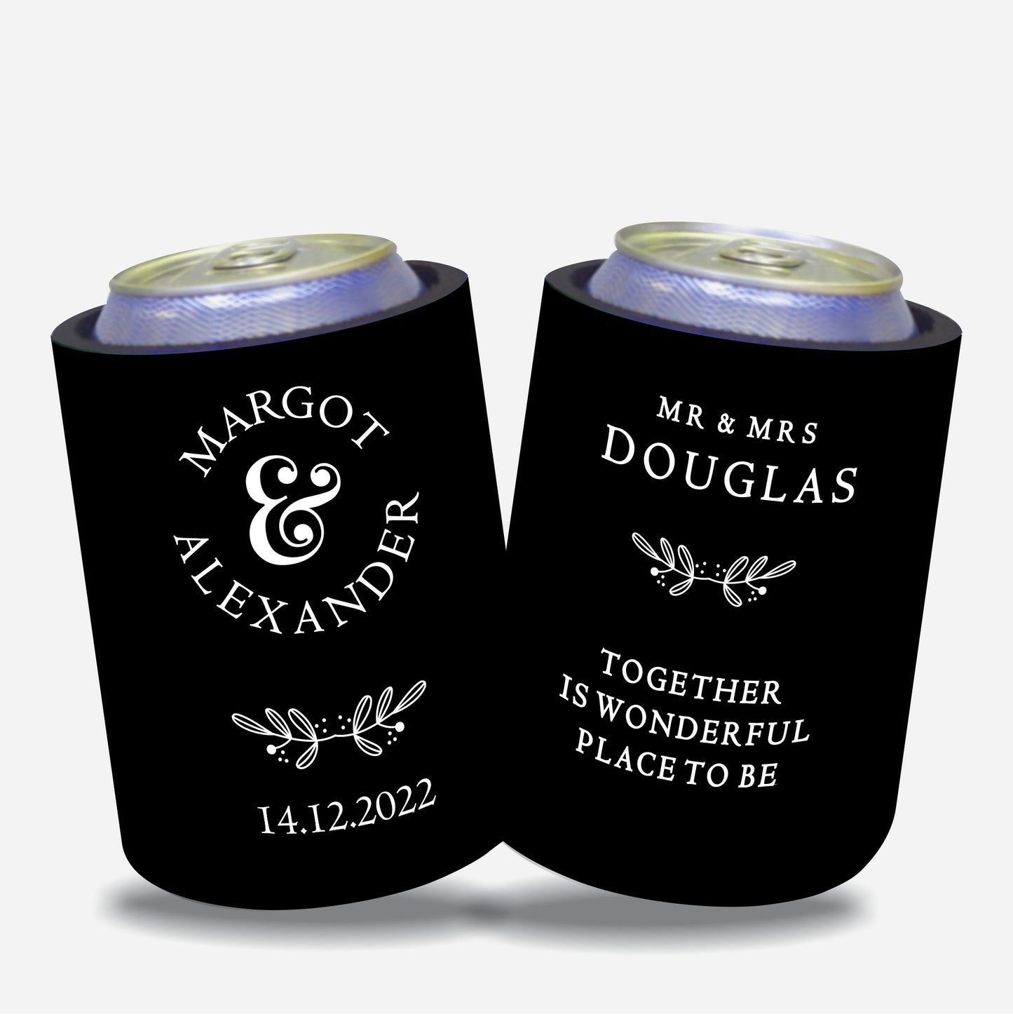 Personalized Wedding Stubby Holders with 11 most popular wedding sayings. Quantity 20 - #247 - FREE EXPRESS SHIPPING.