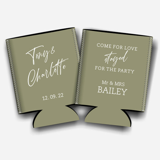 Come for love stayed for the party. Personalized Flat-Pack Collapsible Wedding Stubby Holders / Can Cooler. Wedding Favors. - Quantity of 20 - Design #249 - FREE SHIPPING