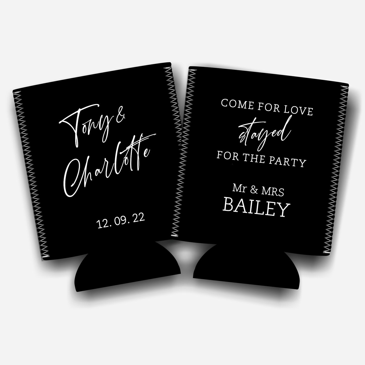 Come for love stayed for the party. Personalized Flat-Pack Collapsible Wedding Stubby Holders / Can Cooler. Wedding Favors. - Quantity of 20 - Design #249 - FREE SHIPPING