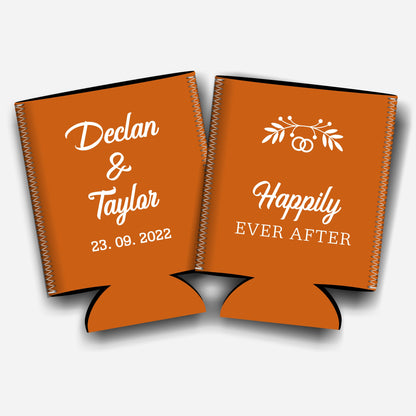 Happily ever after. Personalized Flat-Pack Collapsible Wedding Stubby Holders / Can Cooler. Wedding Favors. - Quantity of 20 - Design #252 - FREE SHIPPING