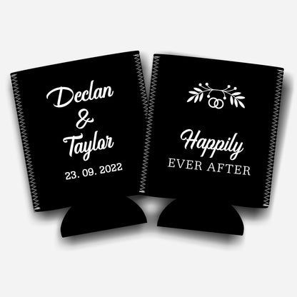 Happily ever after. Personalized Flat-Pack Collapsible Wedding Stubby Holders / Can Cooler. Wedding Favors. - Quantity of 20 - Design #252 - FREE SHIPPING