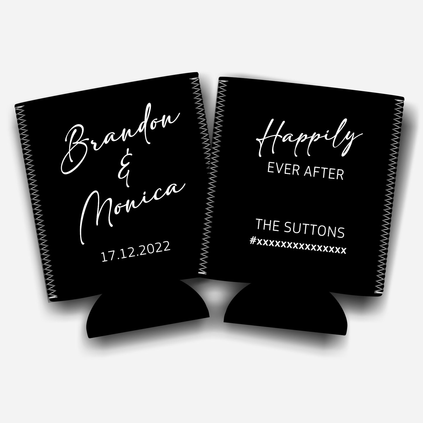 Happily ever after. Personalized Flat-Pack Collapsible Wedding Stubby Holders / Can Cooler. Wedding Favors. - Quantity of 20 - Design #253 - FREE SHIPPING