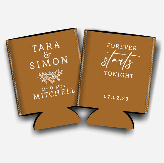 Forever starts tonight. Personalized Flat-Pack Collapsible Wedding Stubby Holders / Can Cooler. Wedding Favors. - Quantity of 20 - Design#254 - FREE SHIPPING