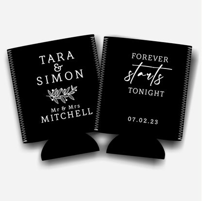 Forever starts tonight. Personalized Flat-Pack Collapsible Wedding Stubby Holders / Can Cooler. Wedding Favors. - Quantity of 20 - Design#254 - FREE SHIPPING