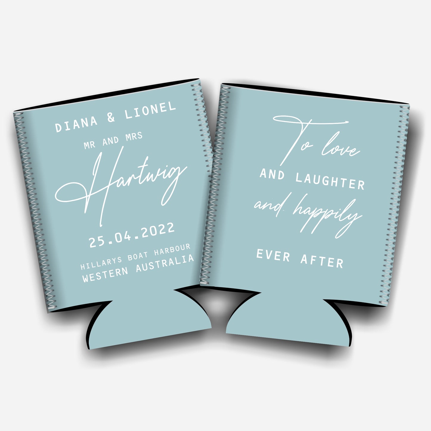 To love and laughter...Personalized Flat-Pack Collapsible Wedding Stubby Holder / Can Cooler Wedding Favors. - Quantity of 20 - Design #258 - FREE SHIPPING