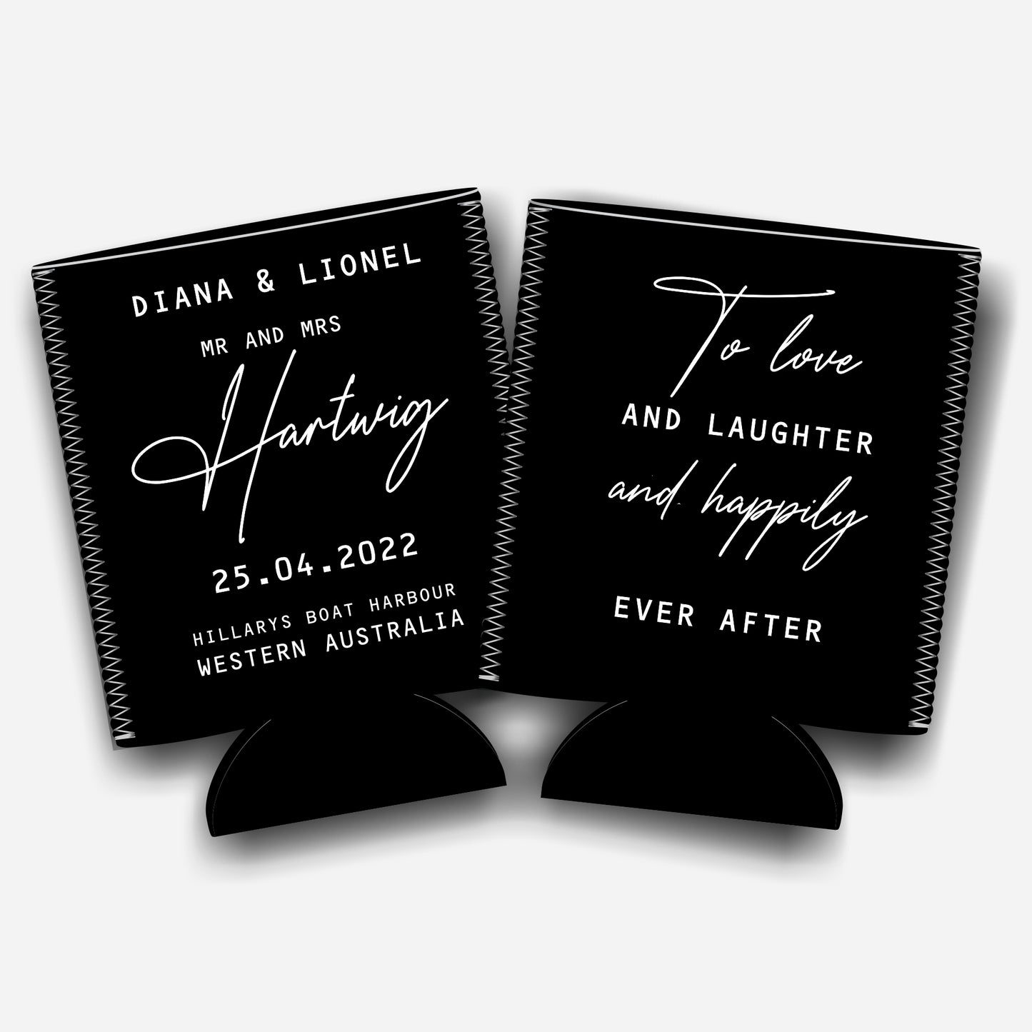 To love and laughter...Personalized Flat-Pack Collapsible Wedding Stubby Holder / Can Cooler Wedding Favors. - Quantity of 20 - Design #258 - FREE SHIPPING