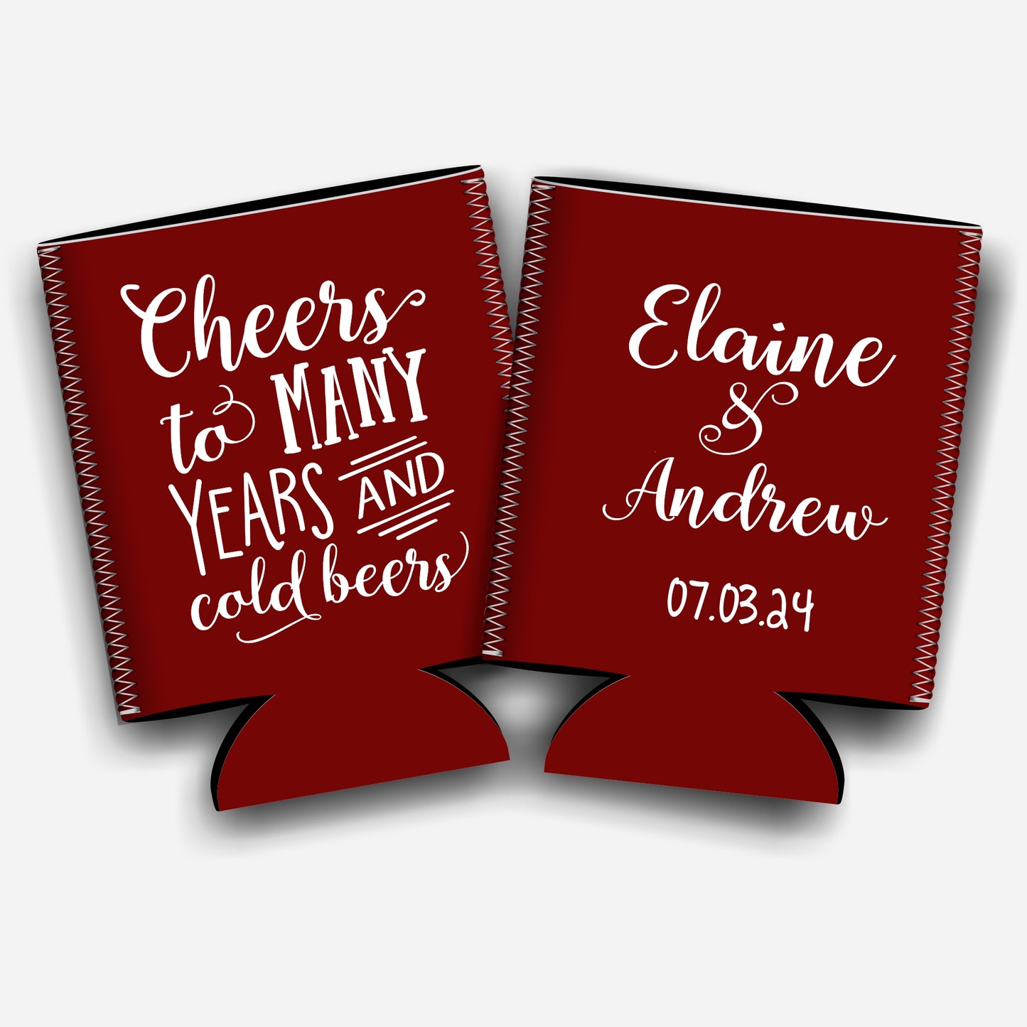 Cheers to many years and cold beers. Personalized Flat-Pack Collapsible Wedding Stubby Holders / Can Cooler. Wedding Favors. - Quantity of 20 - Design #28 - FREE SHIPPING