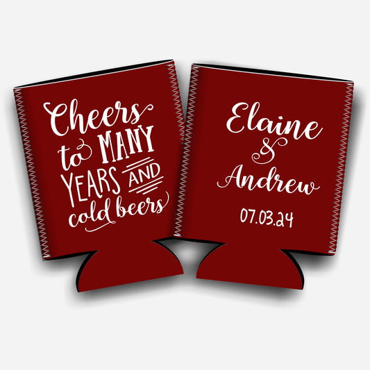 Cheers to many years and cold beers. Personalized Flat-Pack Collapsible Wedding Stubby Holders / Can Cooler. Wedding Favors. - Quantity of 20 - Design #28 - FREE SHIPPING