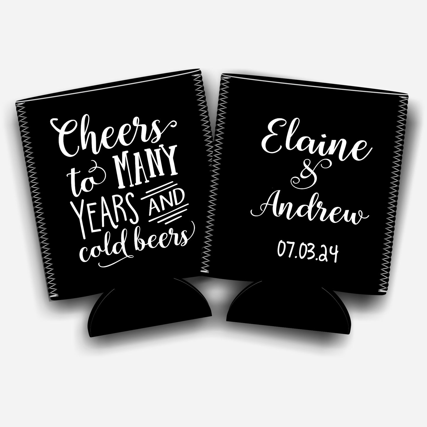 Cheers to many years and cold beers. Personalized Flat-Pack Collapsible Wedding Stubby Holders / Can Cooler. Wedding Favors. - Quantity of 20 - Design #28 - FREE SHIPPING