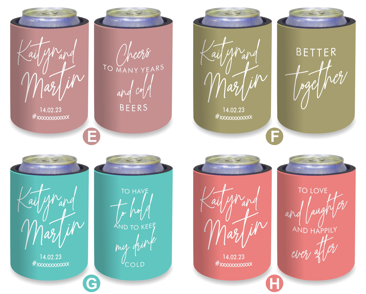 Personalised Wedding Stubby Holder with 11 most popular wedding sayings. Quantity 20 - #232 - FREE EXPRESS SHIPPING.