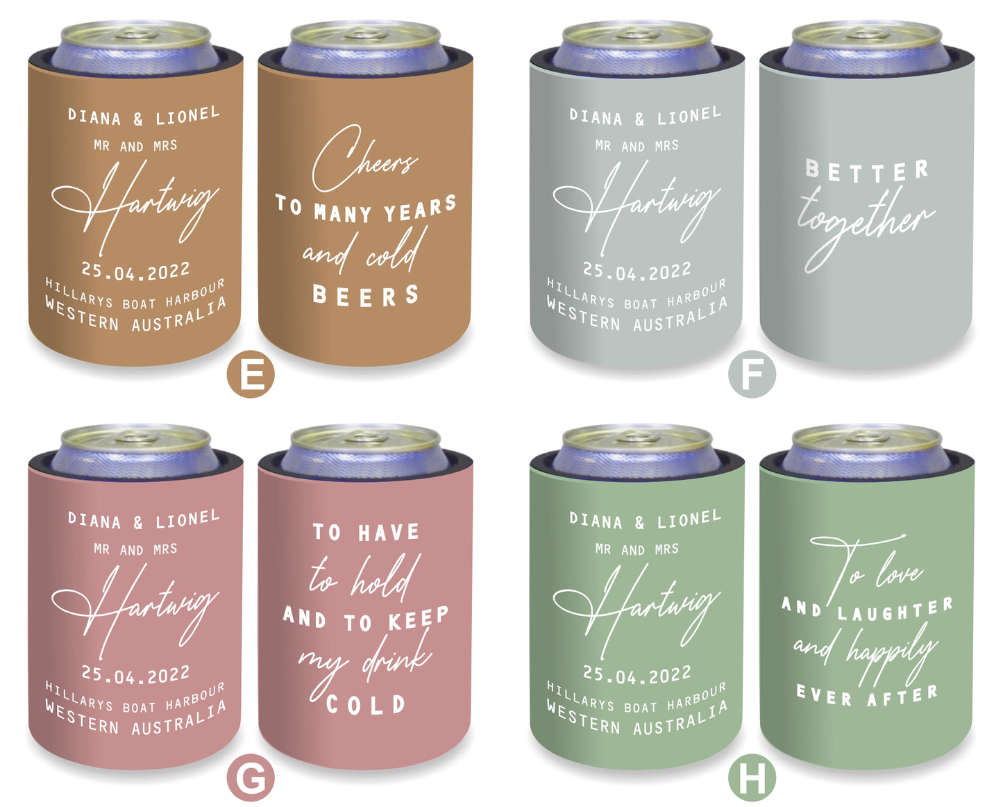 Personalised Wedding Stubby Holder  - Quantity 20 - DESIGN 258 - FREE EXPRESS SHIPPING.