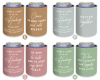 Personalised Wedding Stubby Holder  - Quantity 20 - DESIGN 258 - FREE EXPRESS SHIPPING.