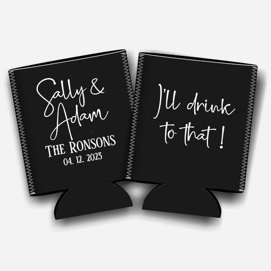 I'll drink to that. Personalized Flat-Pack Collapsible Wedding Stubby Holders / Can Cooler. Wedding Favors. - Quantity of 20 - Design #33 - FREE SHIPPING