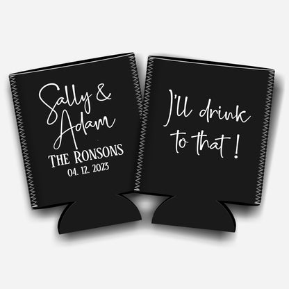 I'll drink to that. Personalized Flat-Pack Collapsible Wedding Stubby Holders / Can Cooler. Wedding Favors. - Quantity of 20 - Design #33 - FREE SHIPPING