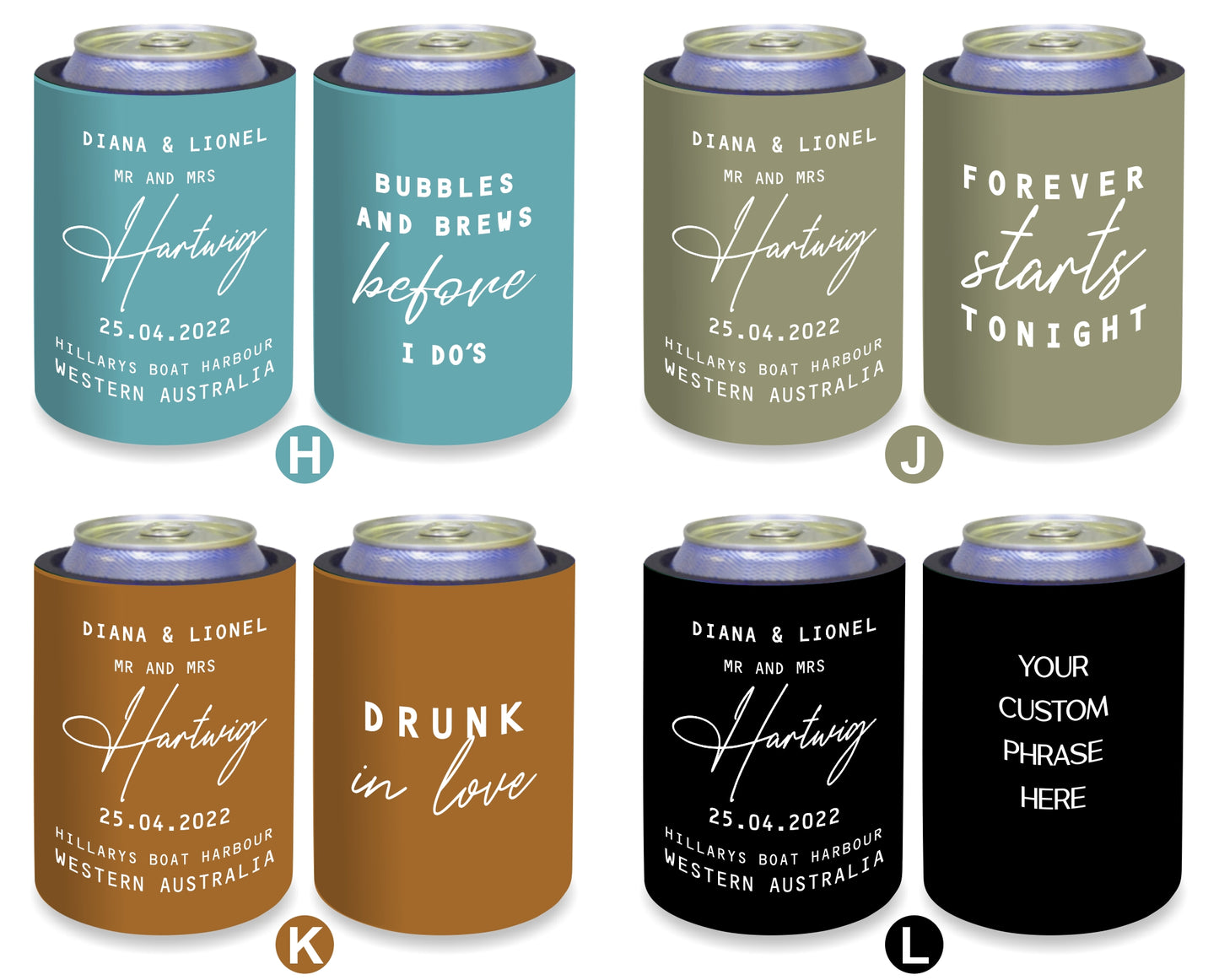 Personalised Wedding Stubby Holder  - Quantity 20 - DESIGN 258 - FREE EXPRESS SHIPPING.