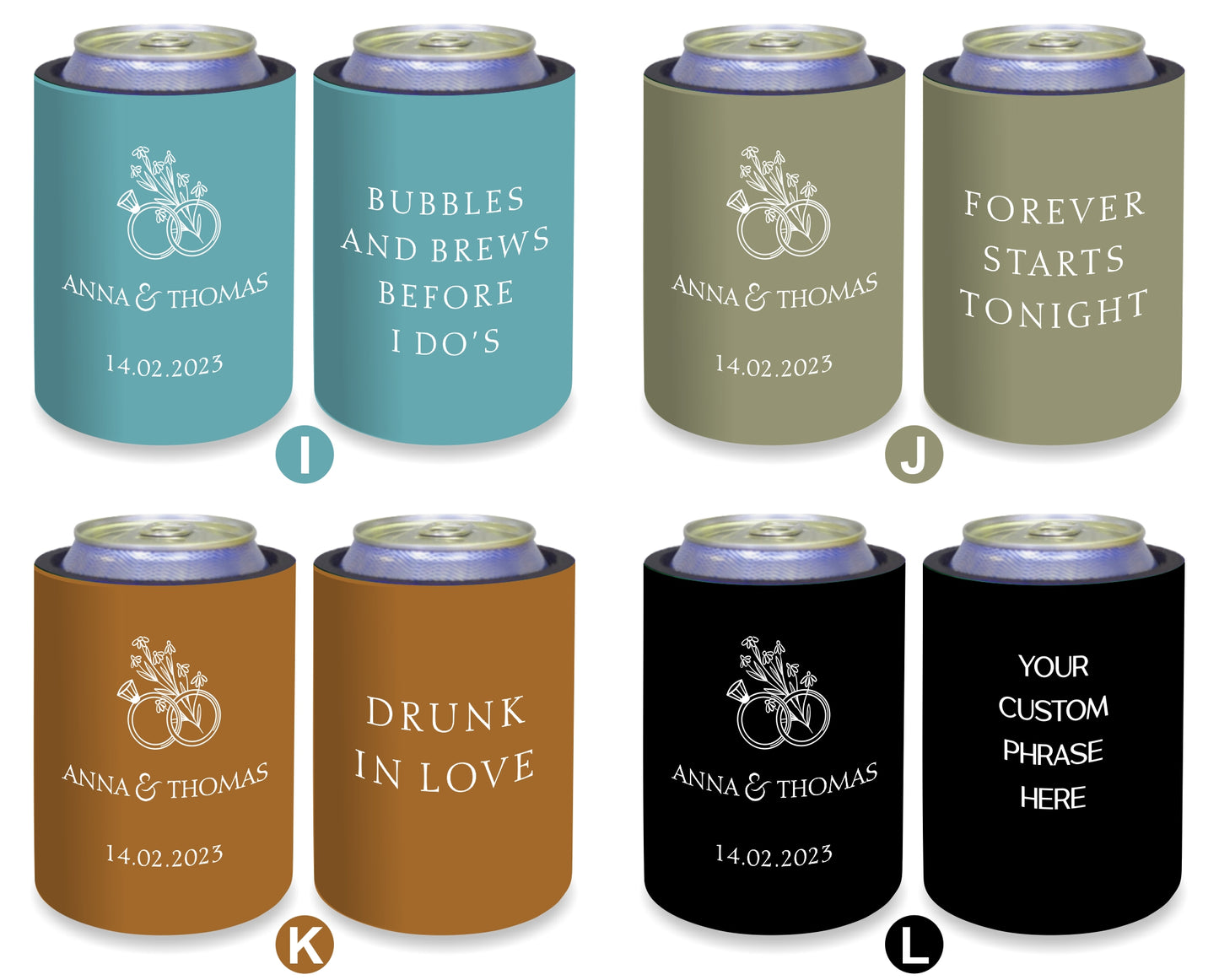 Personalised Wedding Stubby Holders - Quantity 20 - #261 - FREE EXPRESS SHIPPING.